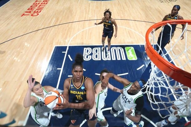 Teaira McCowan of the Indiana Fever drives to the basket during the game against the Minnesota Lynx on September 12, 2021 at Target Center in...
