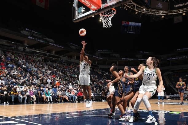 Crystal Dangerfield of the Minnesota Lynx shoots the ball against the Indiana Fever on September 12, 2021 at Target Center in Minneapolis, Minnesota....