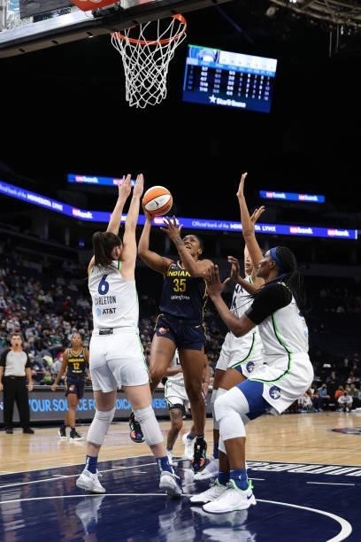 Victoria Vivians of the Indiana Fever drives to the basket during the game against the Minnesota Lynx on September 12, 2021 at Target Center in...