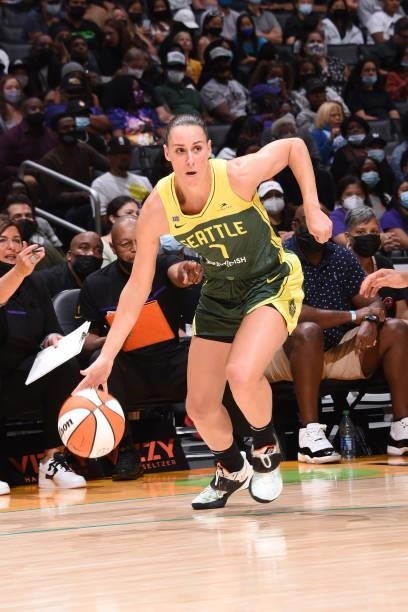 Stephanie Talbot of the Seattle Storm handles the ball against the Los Angeles Sparks on September 12, 2021 at Staples Center in Los Angeles,...