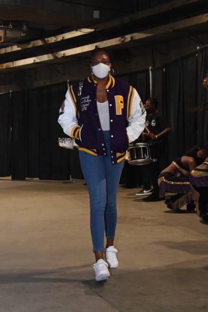 Nneka Ogwumike of the Los Angeles Sparks arrives to the game against the Seattle Storm on September 12, 2021 at Staples Center in Los Angeles,...