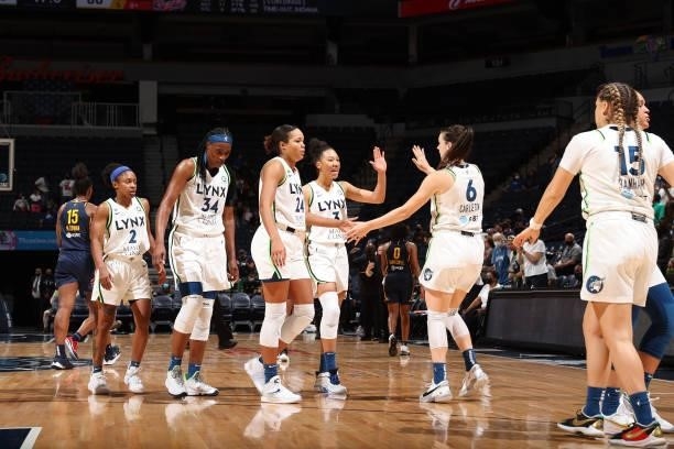 The Minnesota Lynx celebrate during the game against the Indiana Fever on September 12, 2021 at Target Center in Minneapolis, Minnesota. NOTE TO...