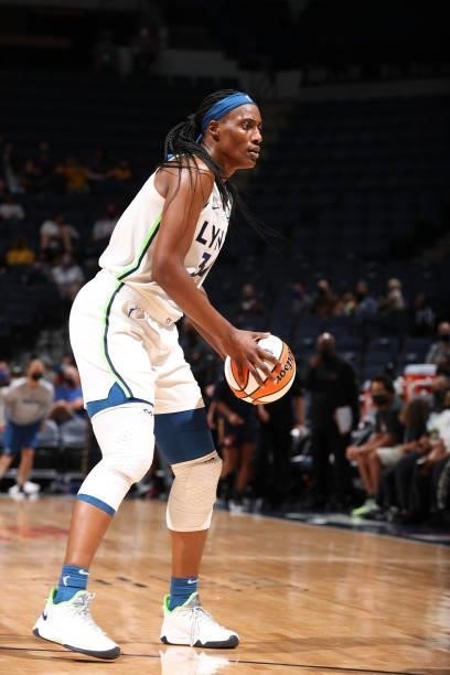 Sylvia Fowles of the Minnesota Lynx handles the ball during the game against the Indiana Fever on September 12, 2021 at Target Center in Minneapolis,...