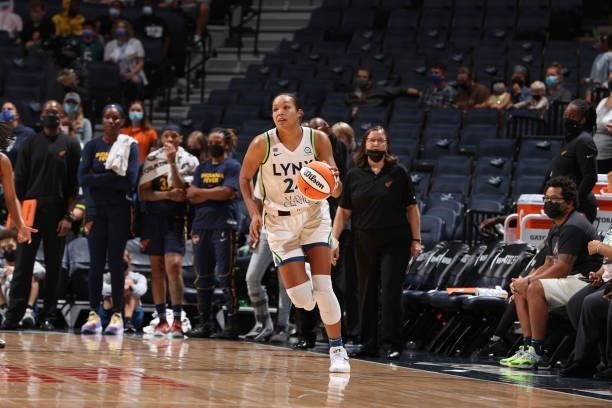 Napheesa Collier of the Minnesota Lynx dribbles the ball during the game against the Indiana Fever on September 12, 2021 at Target Center in...