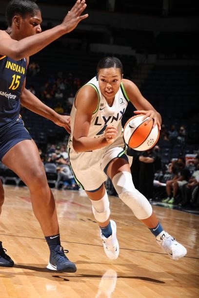 Napheesa Collier of the Minnesota Lynx drives to the basket against the Indiana Fever on September 12, 2021 at Target Center in Minneapolis,...