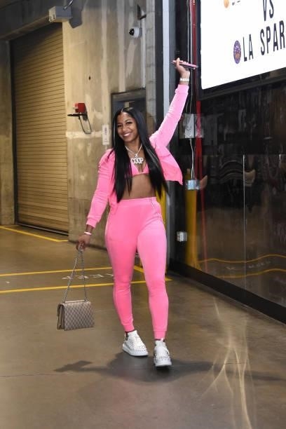 Te'a Cooper of the Los Angeles Sparks arrives to the game against the Seattle Storm on September 12, 2021 at Staples Center in Los Angeles,...