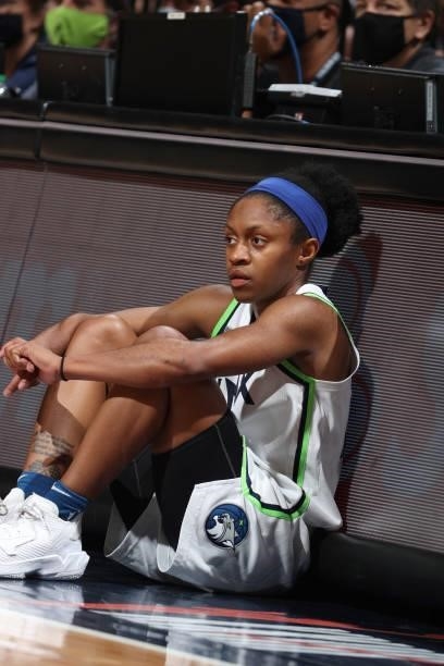 Crystal Dangerfield of the Minnesota Lynx looks on during the game against the Indiana Fever on September 12, 2021 at Target Center in Minneapolis,...