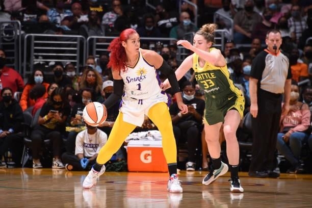 Amanda Zahui B of the Los Angeles Sparks looks to pass the ball against the Seattle Storm on September 12, 2021 at Staples Center in Los Angeles,...