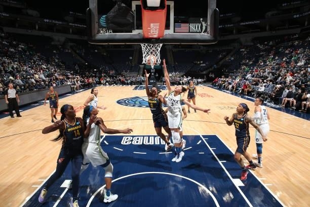 Kelsey Mitchell of the Indiana Fever shoots the ball against the Minnesota Lynx on September 12, 2021 at Target Center in Minneapolis, Minnesota....