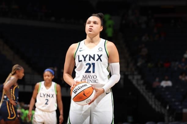 Kayla McBride of the Minnesota Lynx looks to shoot a free throw against the Indiana Fever on September 12, 2021 at Target Center in Minneapolis,...