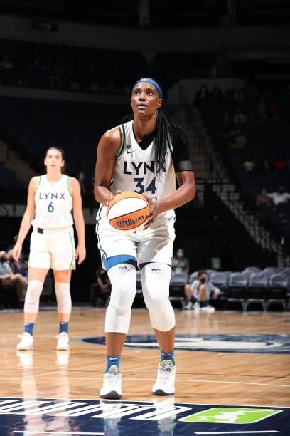 Sylvia Fowles of the Minnesota Lynx shoots a free throw during the game against the Indiana Fever on September 12, 2021 at Target Center in...