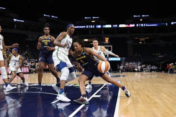 Kelsey Mitchell of the Indiana Fever drives to the basket during the game against the Minnesota Lynx on September 12, 2021 at Target Center in...