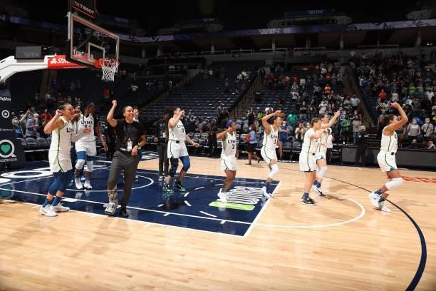 The Minnesota Lynx celebrate after the game against the Indiana Fever on September 12, 2021 at Target Center in Minneapolis, Minnesota. NOTE TO USER:...