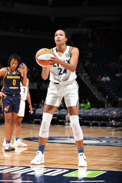 Napheesa Collier of the Minnesota Lynx shoots a free throw against the Indiana Fever on September 12, 2021 at Target Center in Minneapolis,...