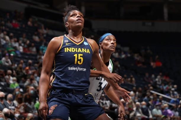 Teaira McCowan of the Indiana Fever and Sylvia Fowles of the Minnesota Lynx look up on September 12, 2021 at Target Center in Minneapolis, Minnesota....