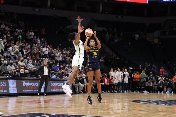 Victoria Vivians of the Indiana Fever shoots a three point basket during the game against the Minnesota Lynx on September 12, 2021 at Target Center...