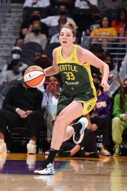 Katie Lou Samuelson of the Seattle Storm handles the ball against the Los Angeles Sparks on September 12, 2021 at Staples Center in Los Angeles,...