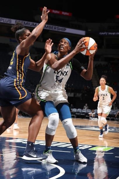 Sylvia Fowles of the Minnesota Lynx drives to the basket during the game against the Indiana Fever on September 12, 2021 at Target Center in...