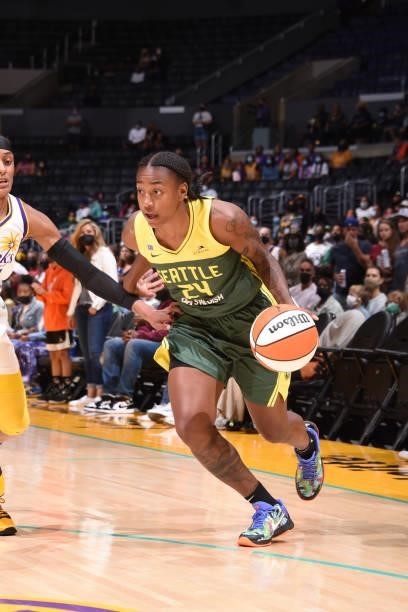 Jewell Loyd of the Seattle Storm drives to the basket against the Los Angeles Sparks on September 12, 2021 at Staples Center in Los Angeles,...