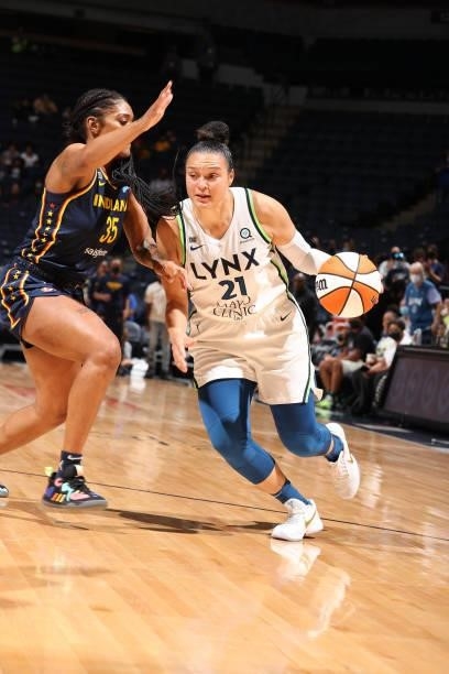 Kayla McBride of the Minnesota Lynx drives to the basket against the Indiana Fever on September 12, 2021 at Target Center in Minneapolis, Minnesota....