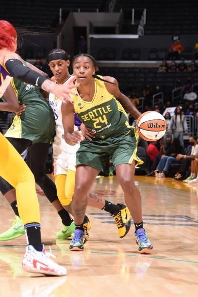 Jewell Loyd of the Seattle Storm drives to the basket against the Los Angeles Sparks on September 12, 2021 at Staples Center in Los Angeles,...