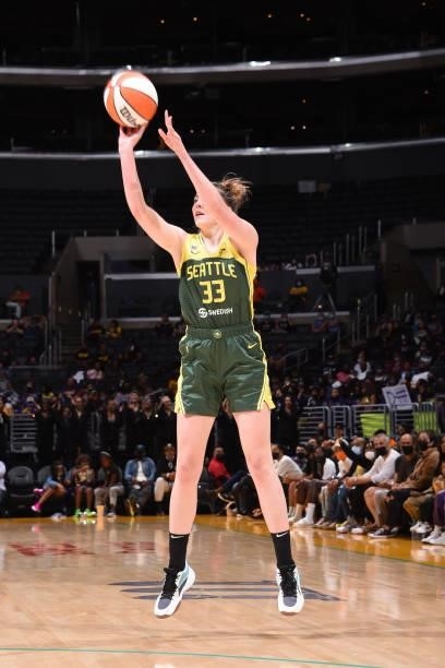Katie Lou Samuelson of the Seattle Storm shoots a 3-pointer against the Los Angeles Sparks on September 12, 2021 at Staples Center in Los Angeles,...