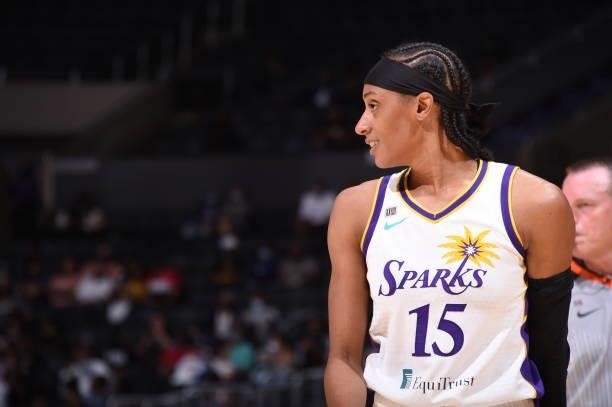 Brittney Sykes of the Los Angeles Sparks looks on during the game against the Seattle Storm on September 12, 2021 at Staples Center in Los Angeles,...