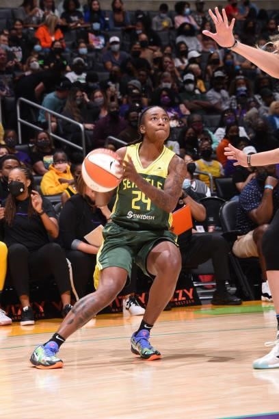 Jewell Loyd of the Seattle Storm handles the ball against the Los Angeles Sparks on September 12, 2021 at Staples Center in Los Angeles, California....