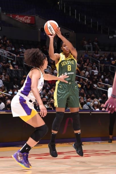 Kennedy Burke of the Seattle Storm shoots a 3-pointer against the Los Angeles Sparks on September 12, 2021 at Staples Center in Los Angeles,...