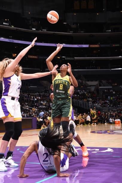 Kennedy Burke of the Seattle Storm shoots the ball against the Los Angeles Sparks on September 12, 2021 at Staples Center in Los Angeles, California....