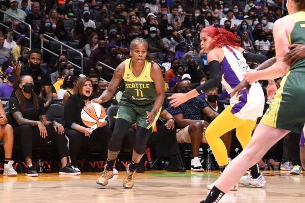 Epiphanny Prince of the Seattle Storm drives to the basket against the Los Angeles Sparks on September 12, 2021 at Staples Center in Los Angeles,...