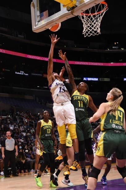 Brittney Sykes of the Los Angeles Sparks shoots the ball against the Seattle Storm on September 12, 2021 at Staples Center in Los Angeles,...