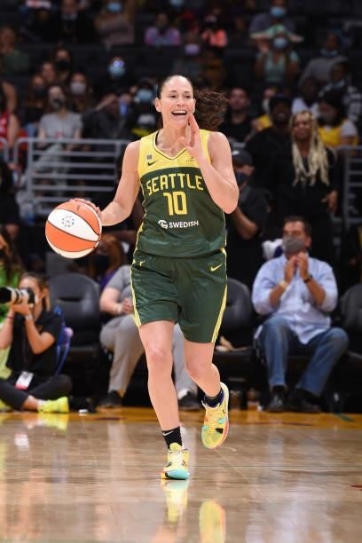 Sue Bird of the Seattle Storm calls out to her teammates during the game against the Los Angeles Sparks on September 12, 2021 at Staples Center in...