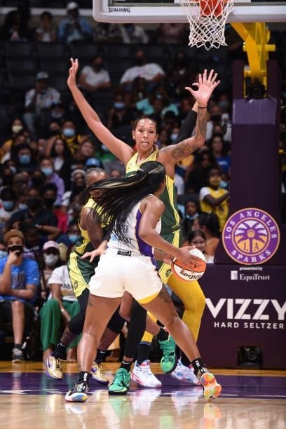 Mercedes Russell of the Seattle Storm plays defense against the Los Angeles Sparks on September 12, 2021 at Staples Center in Los Angeles,...