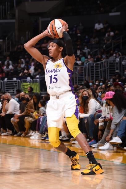 Brittney Sykes of the Los Angeles Sparks looks to pass the ball against the Seattle Storm on September 12, 2021 at Staples Center in Los Angeles,...