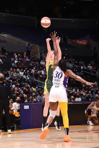 Katie Lou Samuelson of the Seattle Storm shoots a 3-pointer against the Los Angeles Sparks on September 12, 2021 at Staples Center in Los Angeles,...