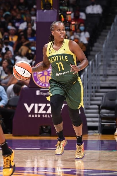 Epiphanny Prince of the Seattle Storm handles the ball against the Los Angeles Sparks on September 12, 2021 at Staples Center in Los Angeles,...
