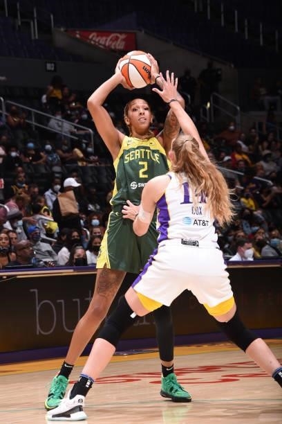 Mercedes Russell of the Seattle Storm looks to pass the ball against the Los Angeles Sparks on September 12, 2021 at Staples Center in Los Angeles,...