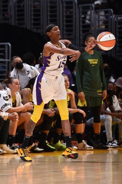 Brittney Sykes of the Los Angeles Sparks passes the ball against the Seattle Storm on September 12, 2021 at Staples Center in Los Angeles,...
