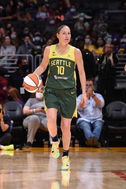 Sue Bird of the Seattle Storm handles the ball against the Los Angeles Sparks on September 12, 2021 at Staples Center in Los Angeles, California....