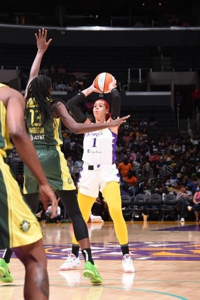 Amanda Zahui B of the Los Angeles Sparks looks to pass the ball during the game against the Seattle Storm on September 12, 2021 at Staples Center in...