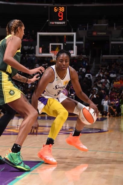 Nneka Ogwumike of the Los Angeles Sparks handles the ball against the Seattle Storm on September 12, 2021 at Staples Center in Los Angeles,...