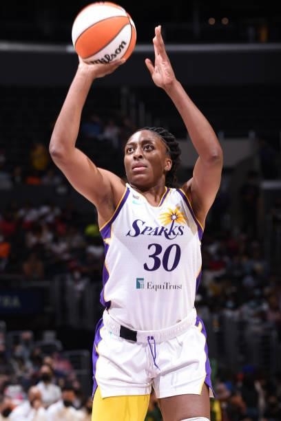 Nneka Ogwumike of the Los Angeles Sparks shoots the ball against the Seattle Storm on September 12, 2021 at Staples Center in Los Angeles,...