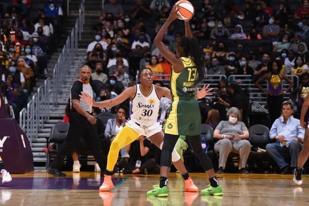 Nneka Ogwumike of the Los Angeles Sparks plays defense against the Seattle Storm on September 12, 2021 at Staples Center in Los Angeles, California....