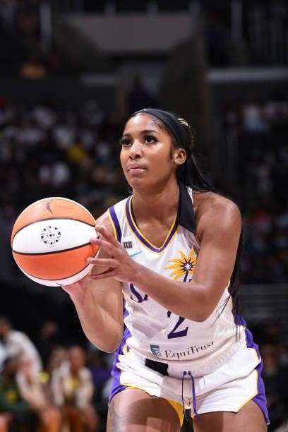 Te'a Cooper of the Los Angeles Sparks shoots the ball against the Seattle Storm on September 12, 2021 at Staples Center in Los Angeles, California....
