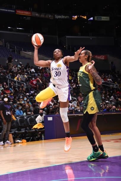 Nneka Ogwumike of the Los Angeles Sparks shoots the ball against the Seattle Storm on September 12, 2021 at Staples Center in Los Angeles,...