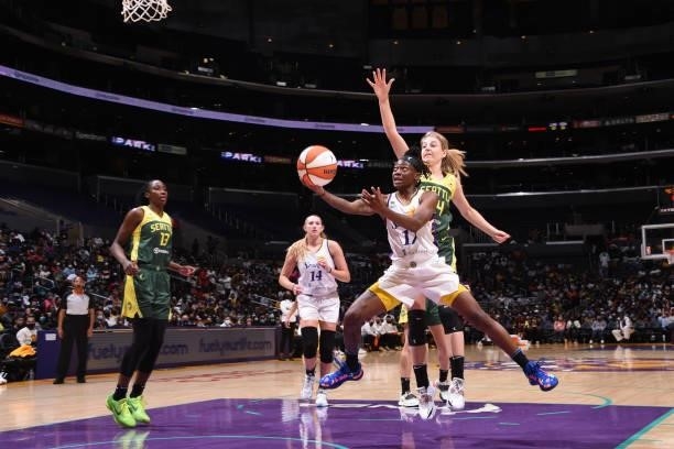 Erica Wheeler of the Los Angeles Sparks shoots the ball against the Seattle Storm on September 12, 2021 at Staples Center in Los Angeles, California....