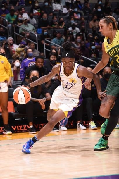 Erica Wheeler of the Los Angeles Sparks drives to the basket against the Seattle Storm on September 12, 2021 at Staples Center in Los Angeles,...