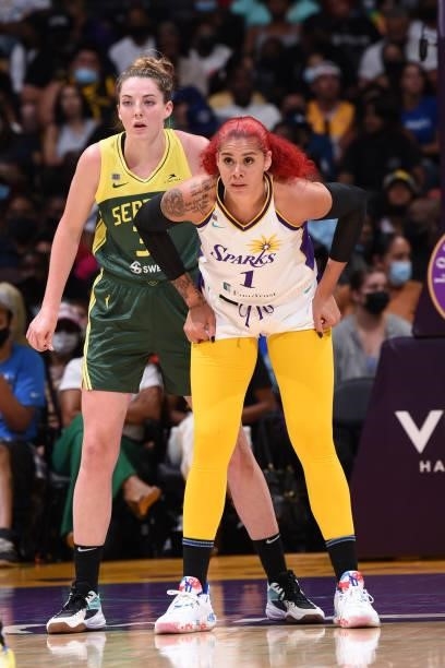 Katie Lou Samuelson of the Seattle Storm and Amanda Zahui B of the Los Angeles Sparks look on during the game on September 12, 2021 at Staples Center...