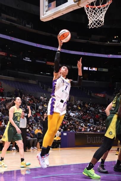 Amanda Zahui B of the Los Angeles Sparks shoots the ball during the game against the Seattle Storm on September 12, 2021 at Staples Center in Los...